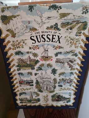 Vintage Tourist Towel/the Beauty Of Sussex/cotton Linen Tea Towel Blue And White